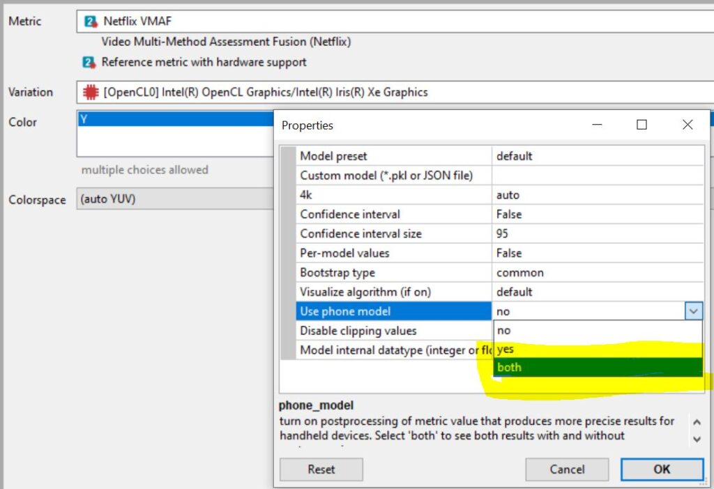 Running the default and phone model in the Moscow State University VQMT. 