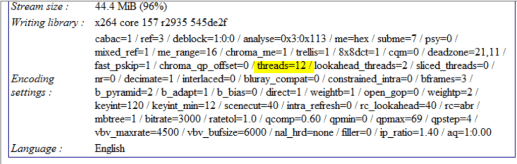 Finding the FFmpeg Threads setting in MediaInfo