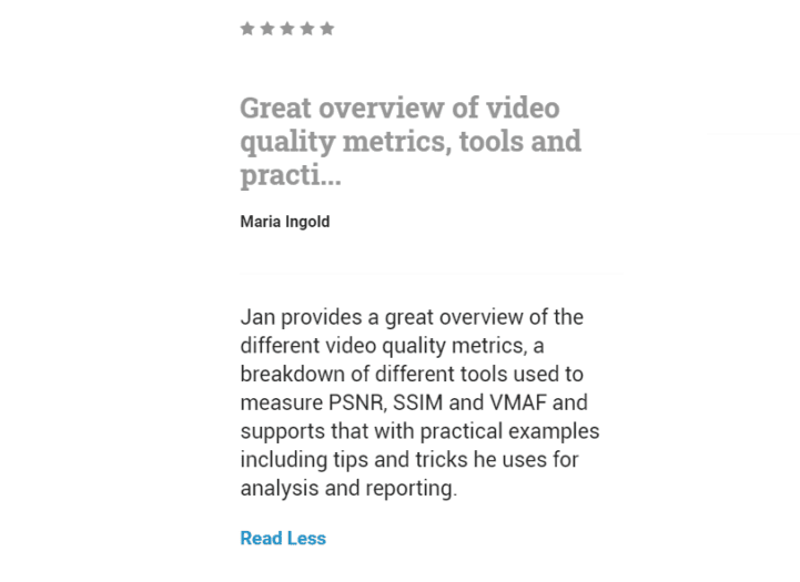 Five Star Review for Video Quality Metrics Course - Streaming Learning ...
