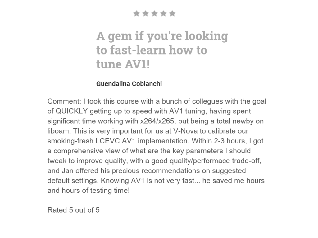 Five Star Review for AV1 Encoding Course - Streaming Learning Center