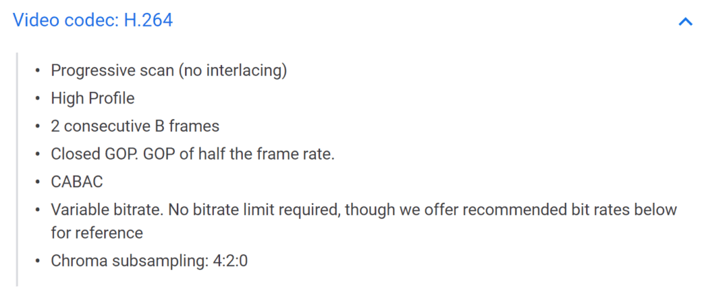 This image shows the recommended H.264 encoding parameters for creating a mezzanine file for uploading to YouTube. 