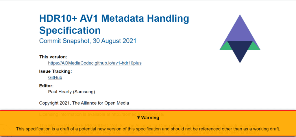 The HDR10+ AV1 Metadata Draft Specification.