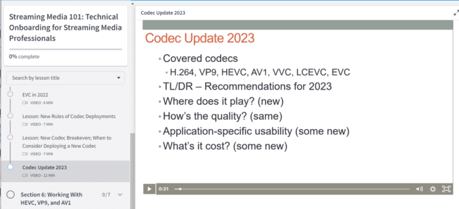 Shows the new lesson, Codec Updates 2023