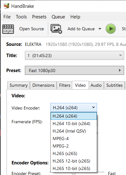 Choosing a codec for streaming in Handbrake.