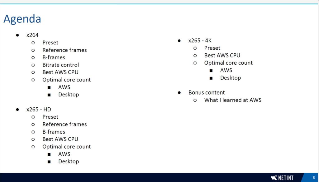 Agenda for talk on optimizing x265 and x265 quality with FFmpeg