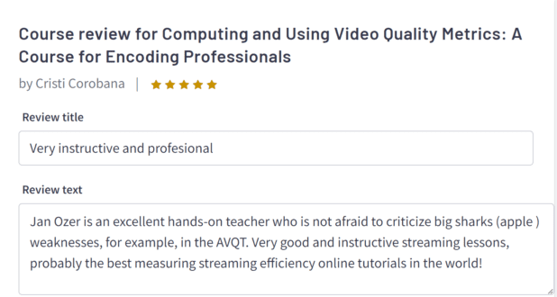 Five star review for video quality metrics course.